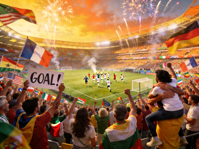 世界杯比赛现场观众欢呼庆祝进球的壮观场面