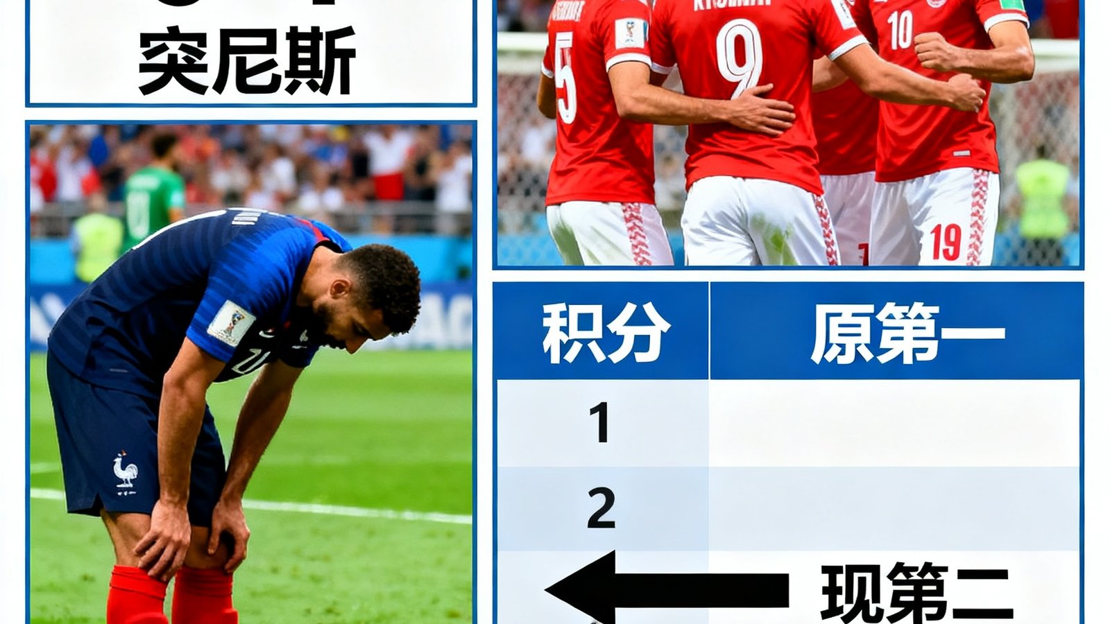 法国队爆冷负于突尼斯，积分排名从第一降至第二