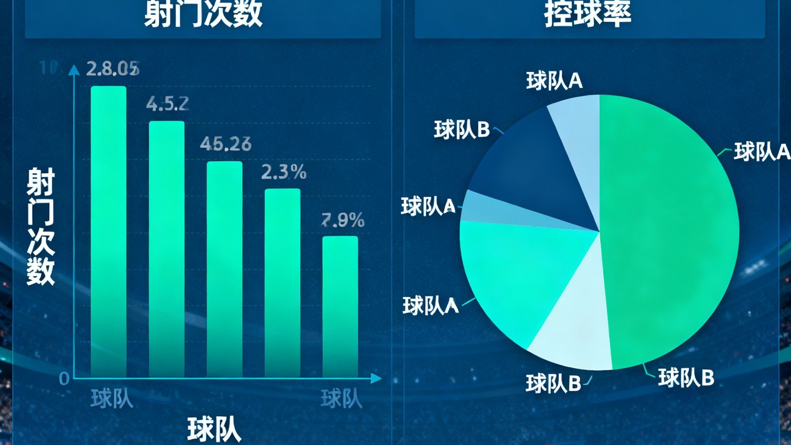 世界杯数据统计看板，包含射门、控球率等可视化图表